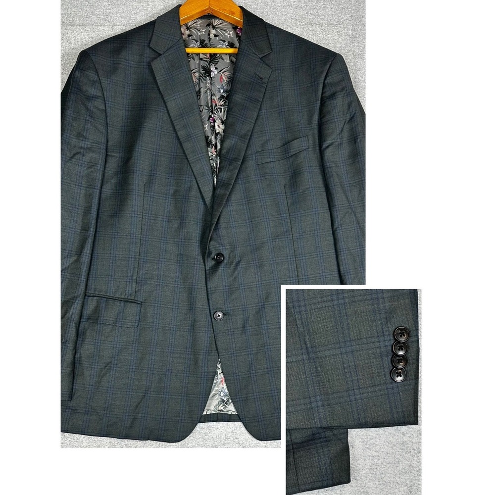 Joseph Abboud Blazer 52L Grey Blue Windowpane Plaid Performance Tropical Lining